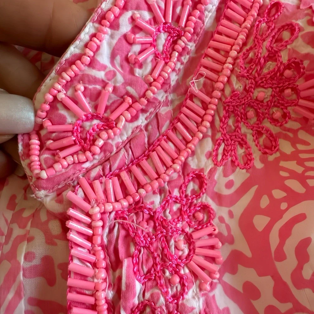 Lilly Pulitzer Sarasota Beaded Tunic Top Sz M Pink White Shell Print 3/4 Sleeve - Picture 9 of 12